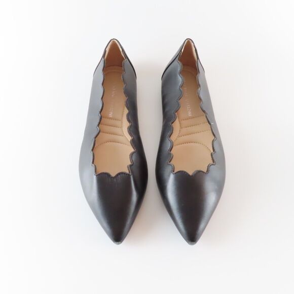 Adrienne Vittadini Fox Black Flats Womens 6.5 Scalloped Leather Preppy Classic - Picture 1 of 7